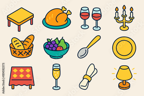 Festive Dining Icons. Holiday Feast Gathering flat icon set: dining table, roast centerpiece, glasses of wine, candle holder, bread basket, fruit bowl, serving spoon, golden plate