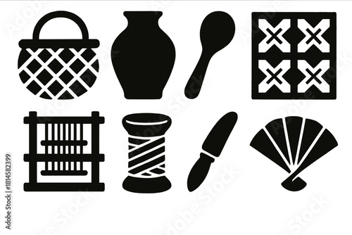 Bold Craft Icons. Traditional craft silhouette icon set : woven basket, clay pot, wooden spoon, fabric pattern, hand loom, thread spool, carving tool, paper fan