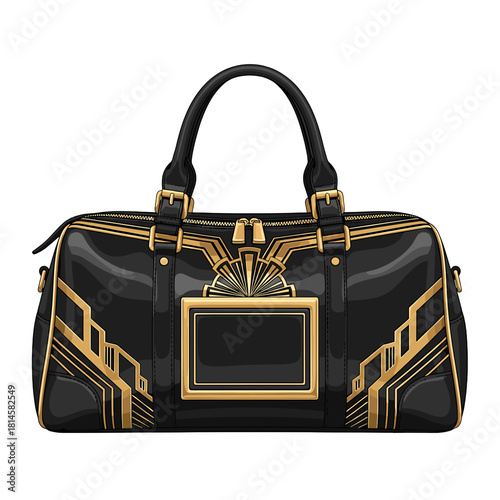 Luxury Black Art Deco Vector Travel Bag with Golden Accents on Transparent Background