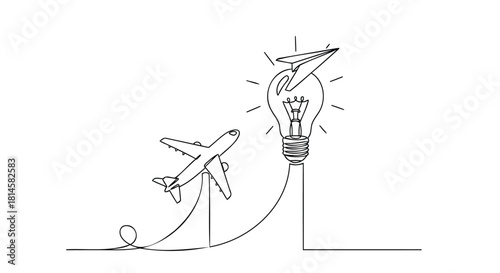 Continuous line drawing of airplane and light bulb with paper plane.