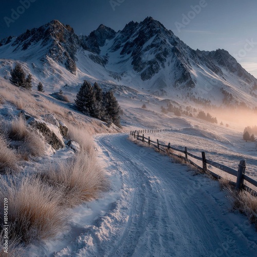 A snowy mountain trail at dawn, soft golden light cutting through mist. Generative AI