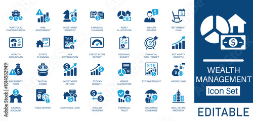 Wealth Management and Financial Planning solid icon set. Contains symbols for Investment Strategy, Retirement Plan, and Portfolio. Flat vector design for financial advisors and investment services.