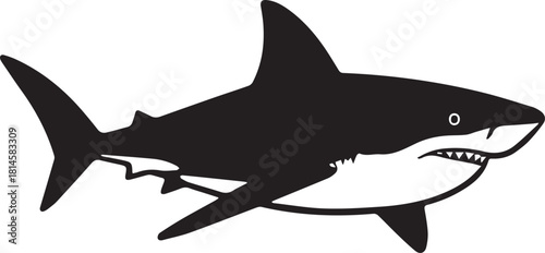 Black and white silhouette graphic of a great white shark