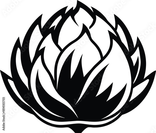 Stylized artichoke flower bud in black and white vector illustration