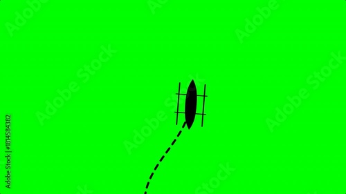 fishing boat with dotted path upward animation on white background. 4k video dashed line path route animation