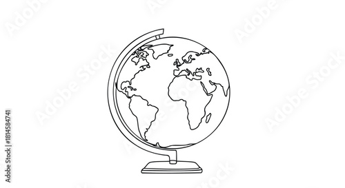 Detailed Line Art Drawing of a Terrestrial Globe