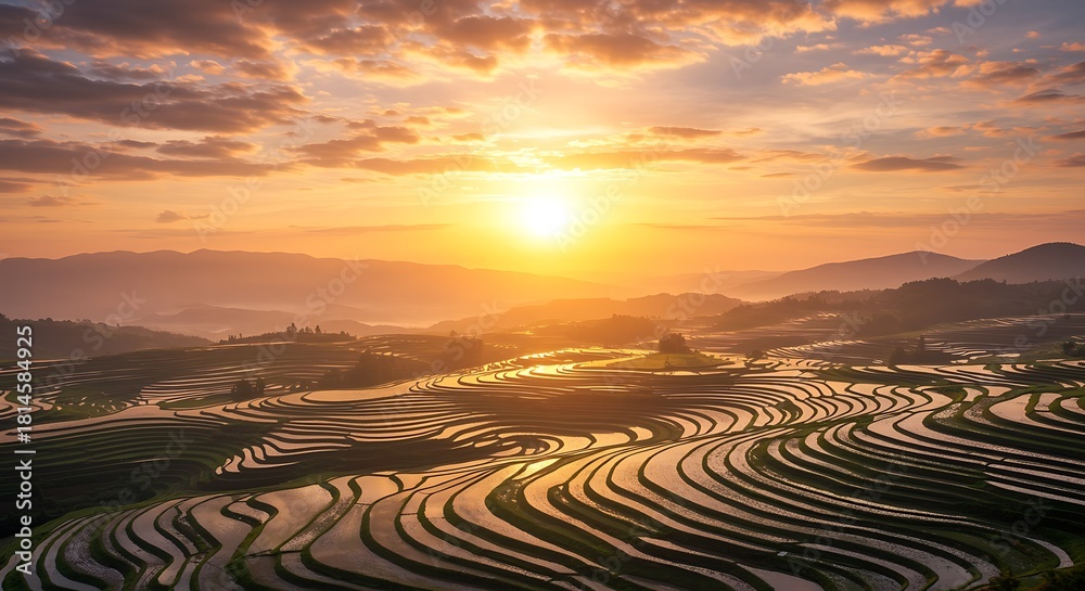Naklejka premium Rice Terraces at Sunset Spectacular Mountain Landscape with Glowing Sky