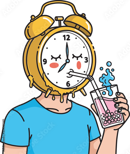 Surreal illustration of a tired person with a melting alarm clock for a head drinking bubble tea.