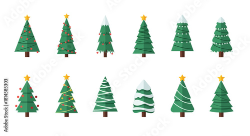 Collection of festive decorated Christmas trees in various styles, perfect for holiday celebrations and winter themes
