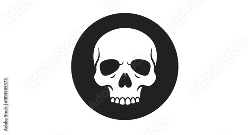 A stark black and white graphic illustration of a skull within a black circle, symbolizing danger, death, or a warning