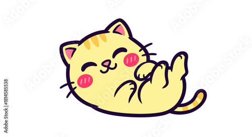 Cute yellow kitten playing on its back, adorable cartoon animal with blushing cheeks and closed eyes, delightful illustration