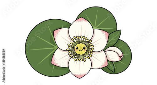 A charming cartoon water lily with a cute smiling face, a happy kawaii flower character illustration isolated on a white background