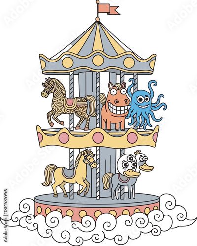 A whimsical two-tiered carousel with horses, an octopus, and other strange creatures riding it.