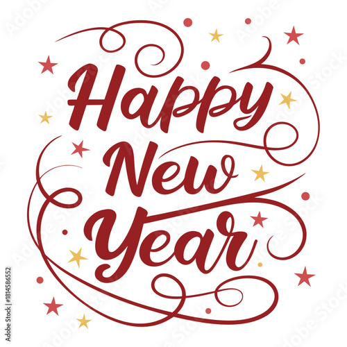 Festive "Happy New Year" message in red cursive, surrounded by stars, swirls, and celebratory accents.