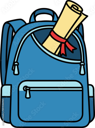 A backpack with a peeking diploma is a symbol of the "eternal student" and continuous education. An illustration of readiness for new knowledge, retraining and the beginning of the school year.