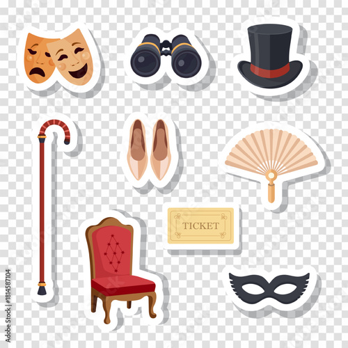 Set of 9 theatre-themed vector stickers featuring top hat, binoculars, masks, seat, shoes, cane, fan and ticket. Flat style icons perfect for performing arts, events and creative designs.