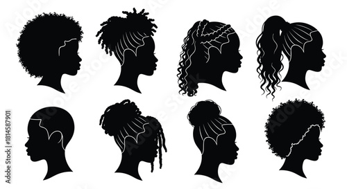 African American women head silhouettes set, side view profile with various natural and styled hairstyles, vector illustration collection isolated on white background