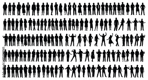 Diverse crowd silhouettes, business people, men, and women standing in lines, set of vector illustrations for corporate and social concepts, full body, isolated on white background