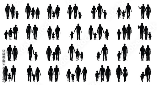 Families walking together silhouettes set, parents with one or two children holding hands, collection of vector illustrations isolated on a white background