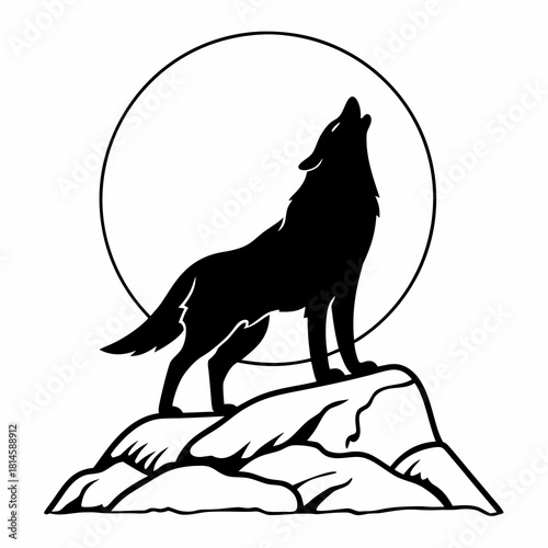 Wolf Howling at the Moon Silhouette on Rock