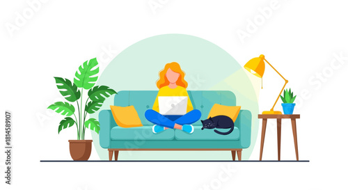 Woman sitting on a couch working on a laptop with a cat and plants around her