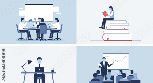 Business professionals working in different environments including office meetings, studying, working on a laptop, and presenting data