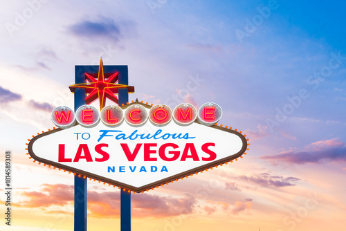 Welcome To Fabulous Las Vegas Sign With Beautiful Sunset Twilight Sky. Logo Removed.