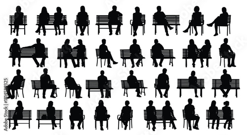 People sitting on benches and chairs silhouettes set, men and women resting and waiting in various poses, vector illustration collection isolated on white background