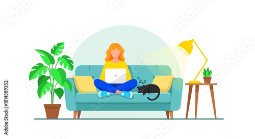 Woman sitting on a couch with a laptop and a cat, working from home with a plant and a lamp nearby