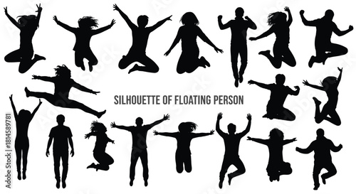 Set of jumping and floating people silhouettes, men and women celebrating, flying and levitating in various poses, vector illustrations isolated on white background