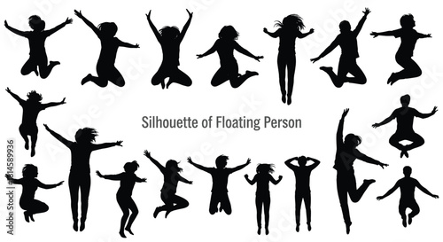 Set of jumping and floating people silhouettes, young men and women in various joyful and active poses, vector illustrations isolated on a white background
