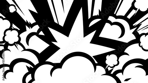 アメコミ風の衝撃の煙と光の背景イラスト_モノクロ_16:9