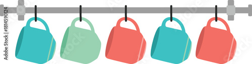 Row of Colorful Coffee Mugs Hanging on a Kitchen Rack Vector Flat Design Illustration
