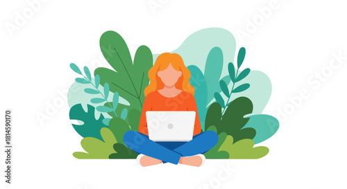 A woman with red hair sitting crosslegged in nature using a laptop surrounded by green plants