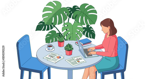 A woman working on a laptop at a table with plants and a cup of coffee