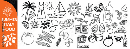 Summer Italy food print, hand drawn travel Mediterranean icon set Italian vintage vacation emblem. Traditional cuisine elements, Amalfi lemon silhouette wine glass bottle. Italy summer coastal  set 