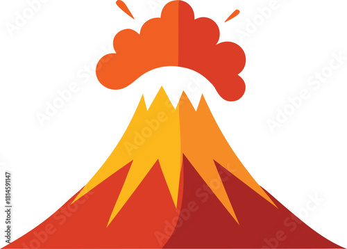 A flat, simplified illustration of a volcano erupting, featuring orange lava and smoke against a clean, white backdrop.