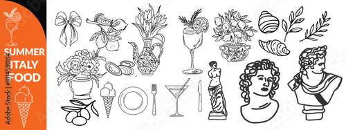 Summer Italy food print, hand drawn travel Mediterranean icon set Italian vintage vacation emblem. Traditional cuisine elements, Amalfi lemon silhouette wine glass bottle. Italy summer coastal  set 