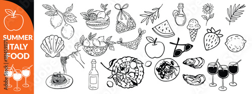 Summer Italy food print, hand drawn travel Mediterranean icon set Italian vintage vacation emblem. Traditional cuisine elements, Amalfi lemon silhouette wine glass bottle. Italy summer coastal  set 