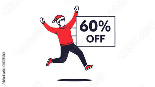  Festive Discount: A lively person, joyfully jumping next to a sign announcing 60% OFF, embodying the excitement of special holiday sales and significant savings.