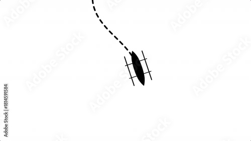 fishing boat with dotted path downward animation on white background. 4k video dashed line path route animation