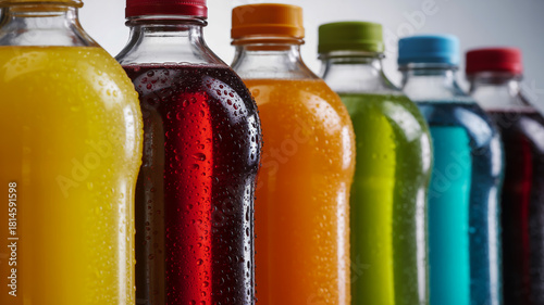 Row of colorful plastic beverage bottles with condensation in a closeup shot