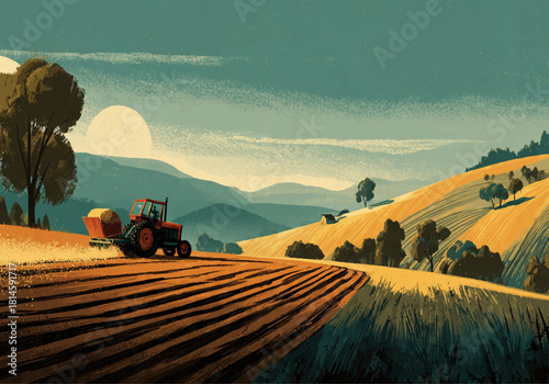 Scenic illustration of a red tractor working on terraced field with rolling hills