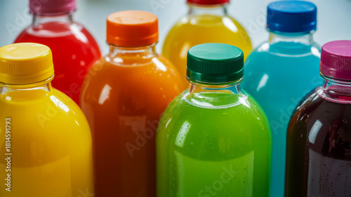 Assortment of colorful beverage bottles with screw caps in a close up view