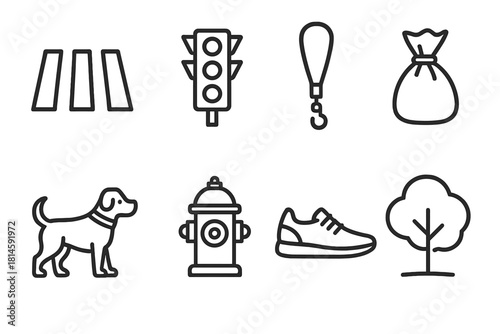 Urban Dog Walk Icons. Urban dog walk concept linear icon set: crosswalk, traffic light, leash, poop bag, dog, hydrant, shoe, park tree