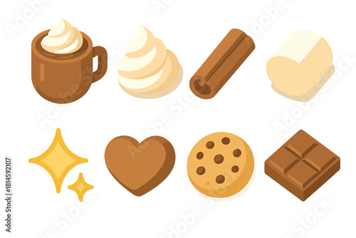 Cocoa Icon Set. Cocoa swirl flat icon set : mug of cocoa, whipped topping, cinnamon stick, marshmallow, sparkle, heart, cookie, chocolate square