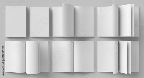 Collection of multiple blank book and magazine mockups in various open and closed positions, showcasing empty pages for design presentation