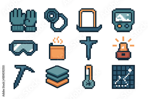 Cold Expedition Icons. Cold-Climate Expedition Symbols pixel style icon set: insulated gloves, glacier rope, sled pull bar, terrain scanner, frost goggles, warming pouch, snow