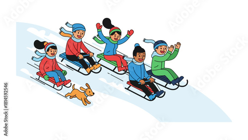 Winter Joy: A cheerful gathering of children and their playful dog, joyfully sledding down a snowy slope, embodies the carefree spirit of winter.