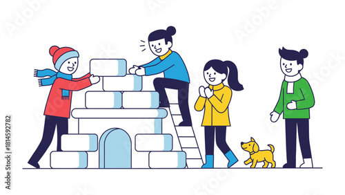 Winter Playtime: A heartwarming scene unfolds as a group of children collaborates, building a snow fort during winter. Capturing moments of childhood joy and togetherness.